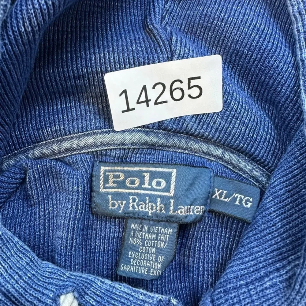 Polo Ralph Lauren Mens Blue Waffle Knit Henley Hoodie Vintage Thermal Large